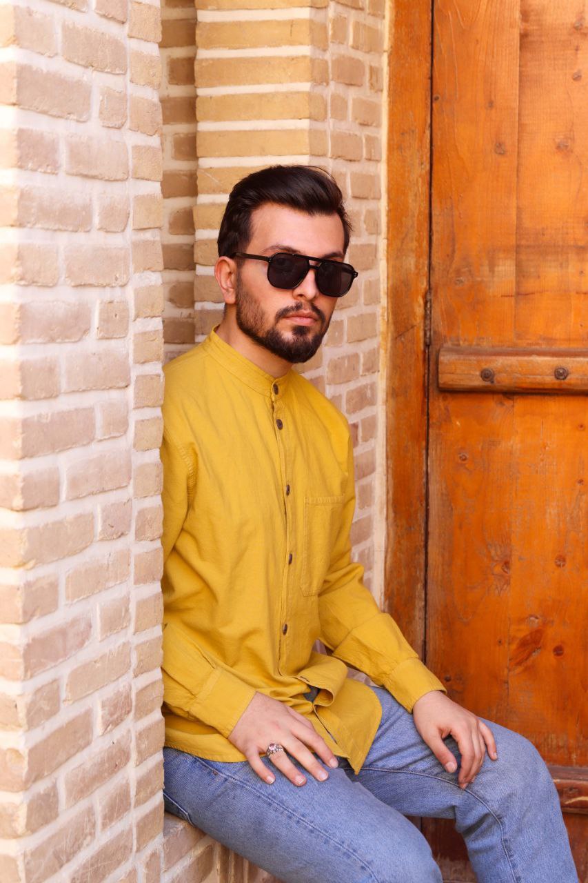 پیراهن الیاف طبیعی مردانه مدل تمام دکمه مچ دار - خردلی