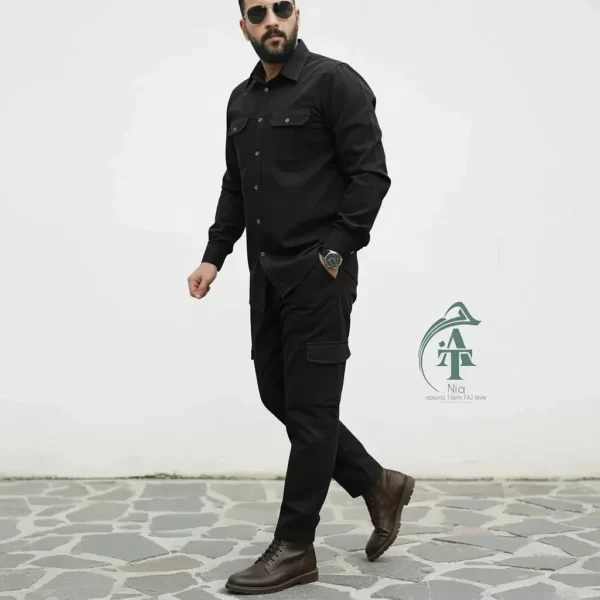 ست پیراهن و شلوار کتان مردانه یاشیل – مشکی