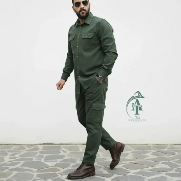 ست پیراهن و شلوار کتان مردانه یاشیل - سبز یشمی