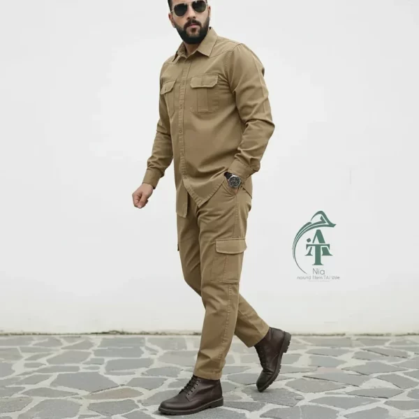 ست پیراهن و شلوار کتان مردانه یاشیل – خاکی