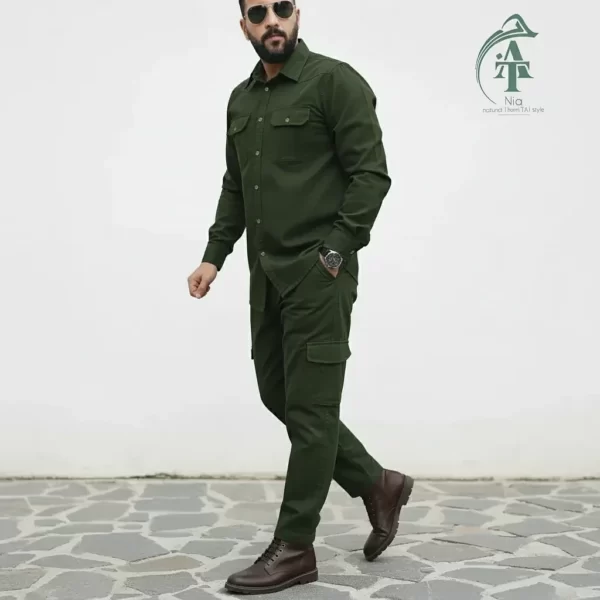ست پیراهن و شلوار کتان مردانه یاشیل – سبز لجنی