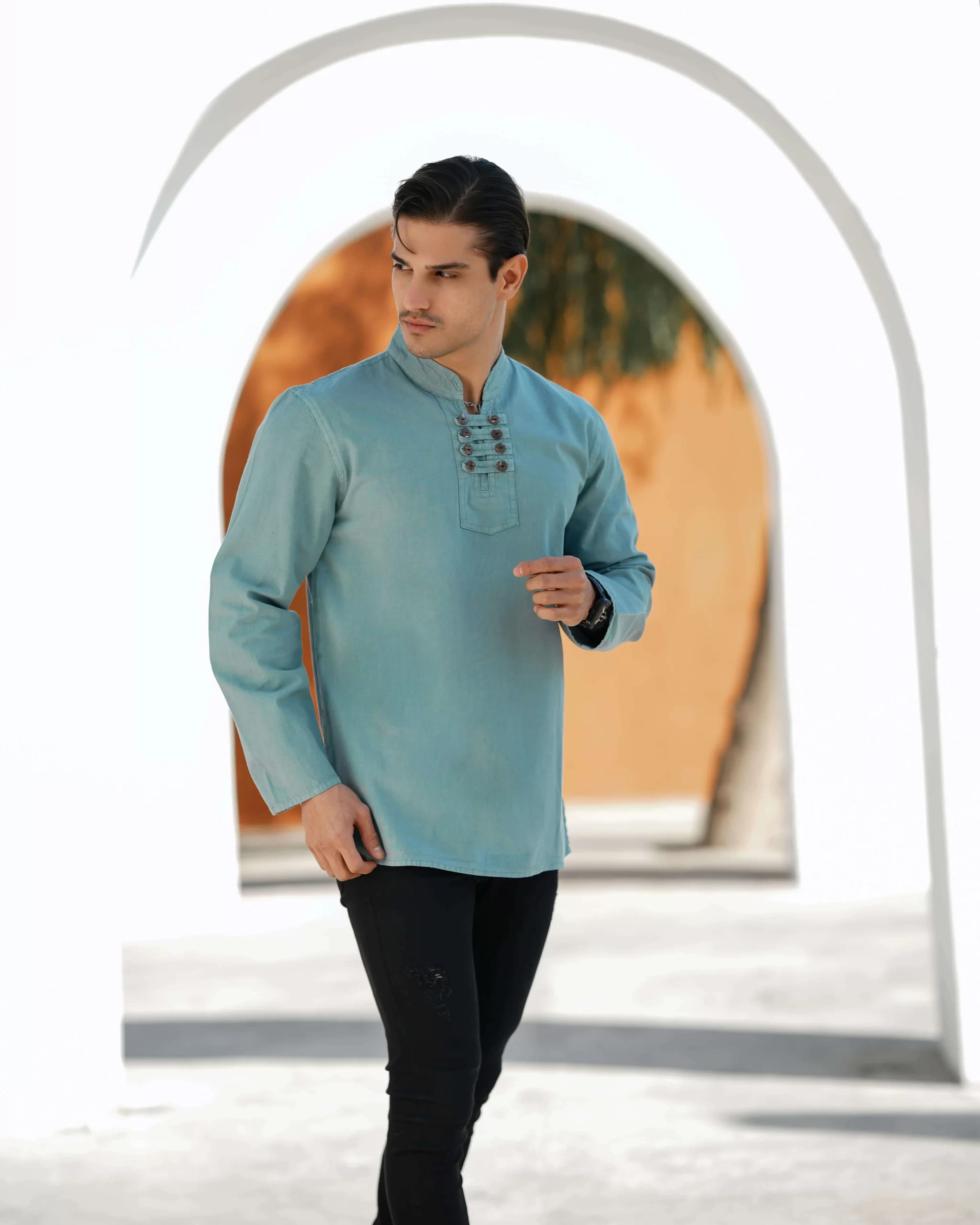 پیراهن الیاف طبیعی مردانه مدل 8 دکمه - دلفینی