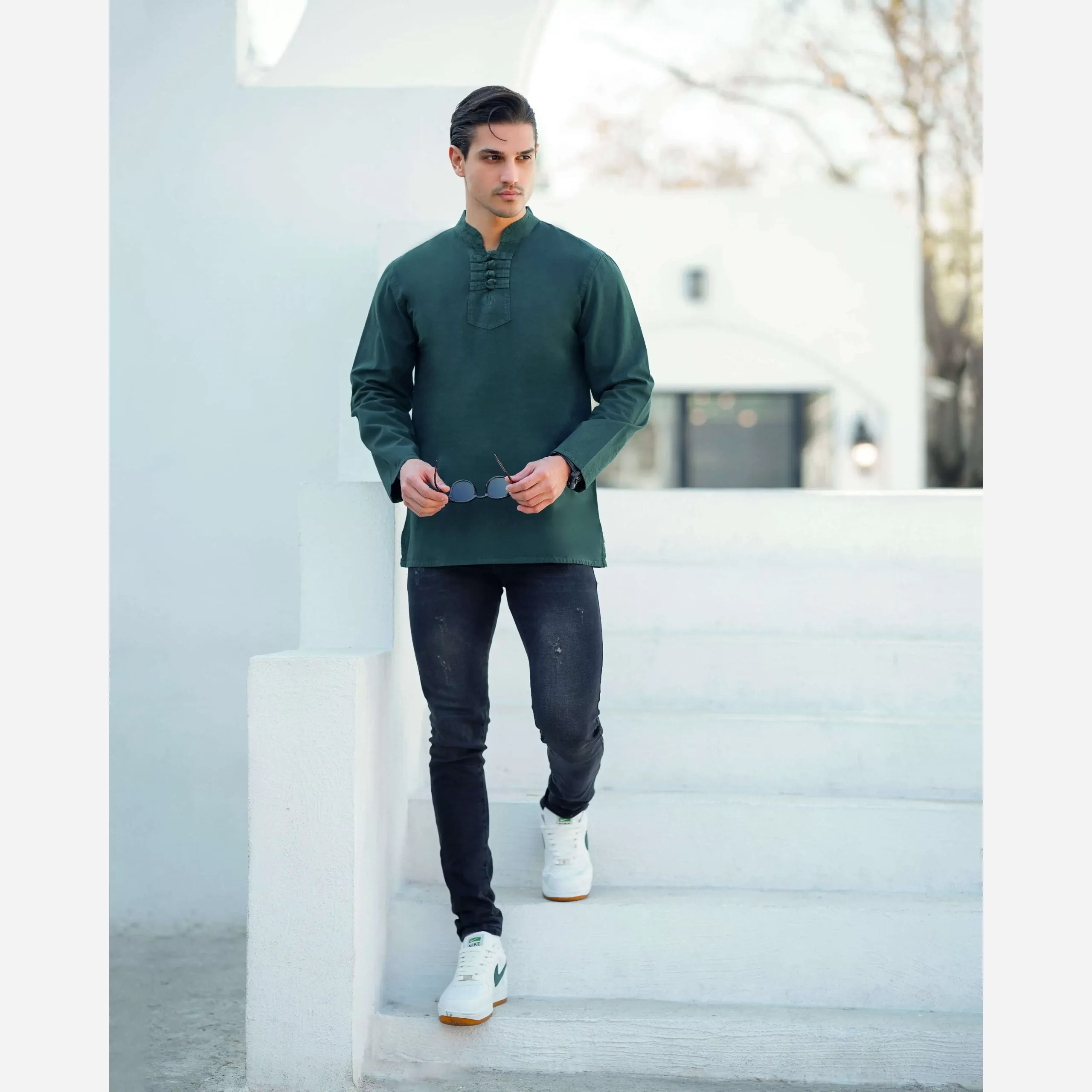 پیراهن مردانه الیاف طبیعی 100 درصد پنبه مدل گره ای رنگ سبز یشمی - تصویر 2