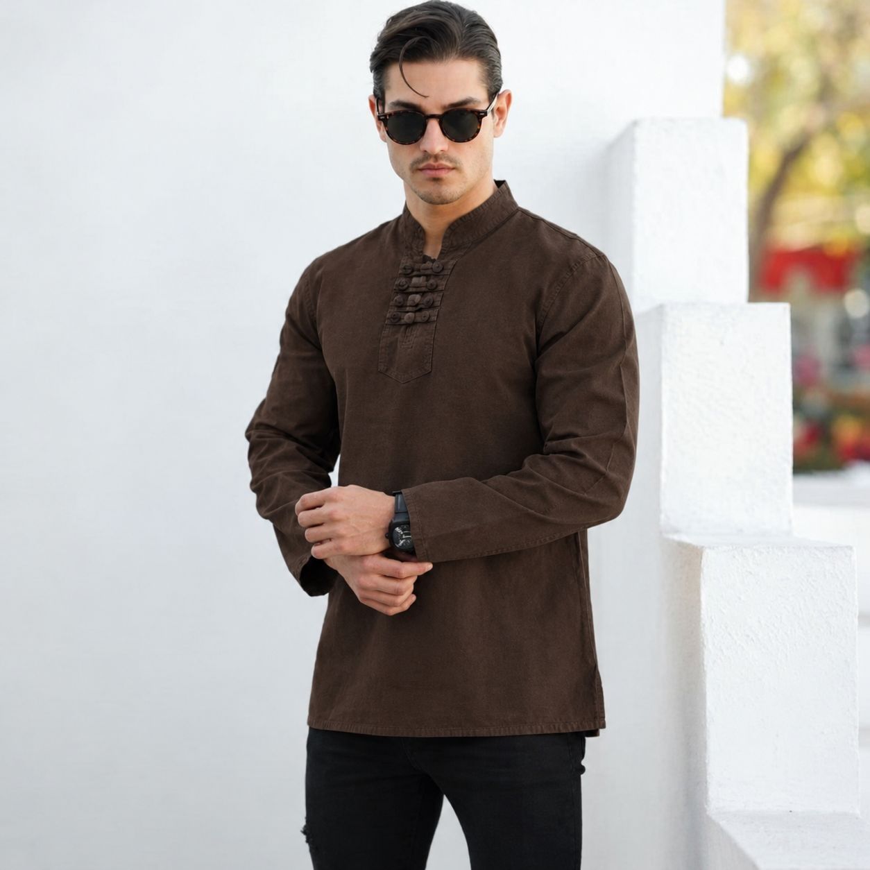 پیراهن الیاف طبیعی ۸ دگمه مردانه مدل آرشا_قهوه ای